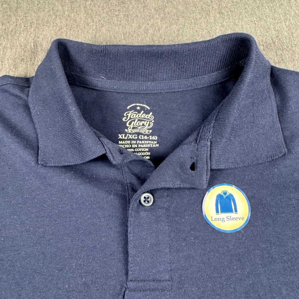 Faded Glory Boys Navy Blue Long Sleeve Polo Shirt Size XL 14-16 Cotton School